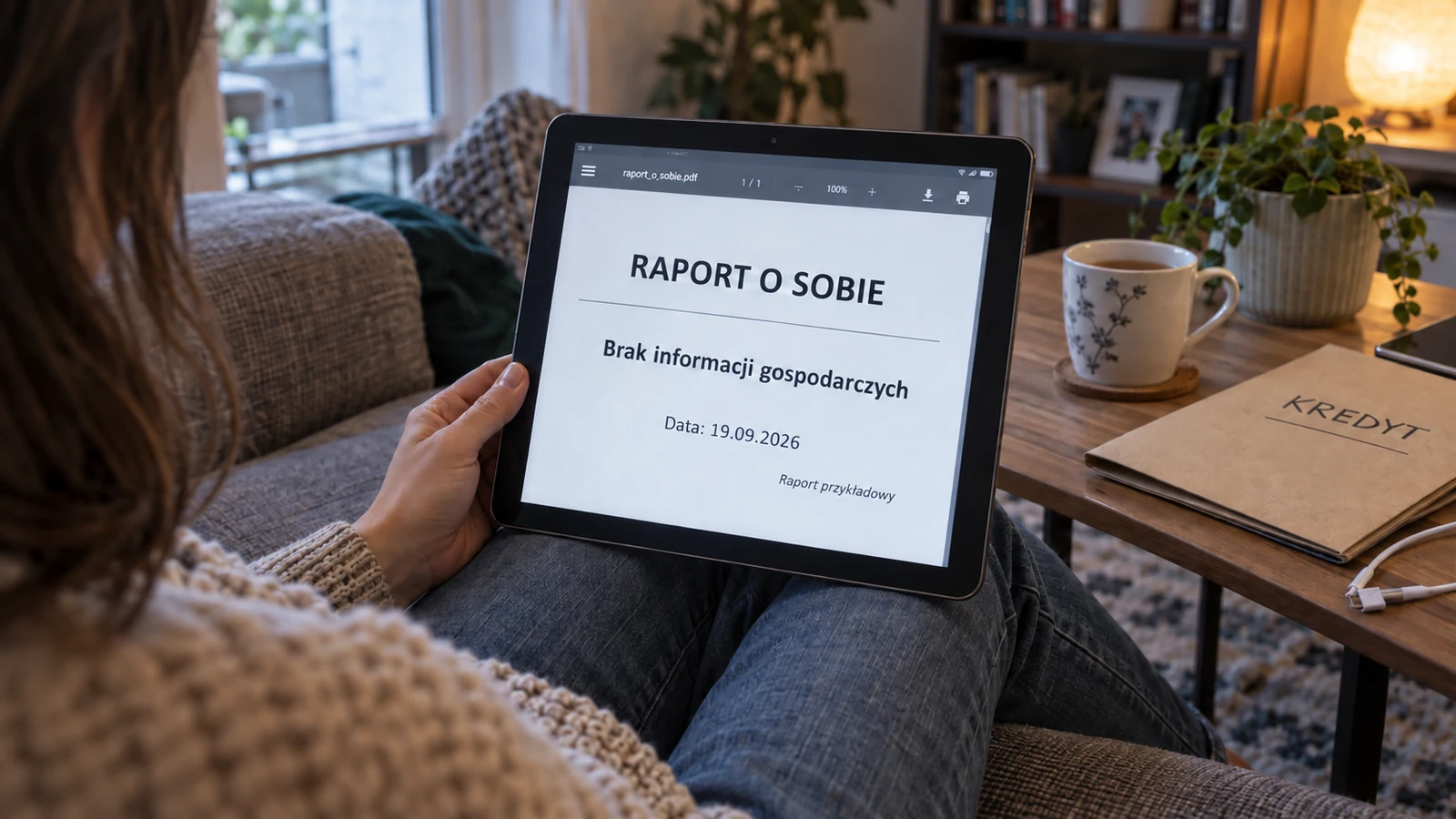 Osoba sprawdza na tablecie przykładowy raport o sobie z informacją o braku wpisów