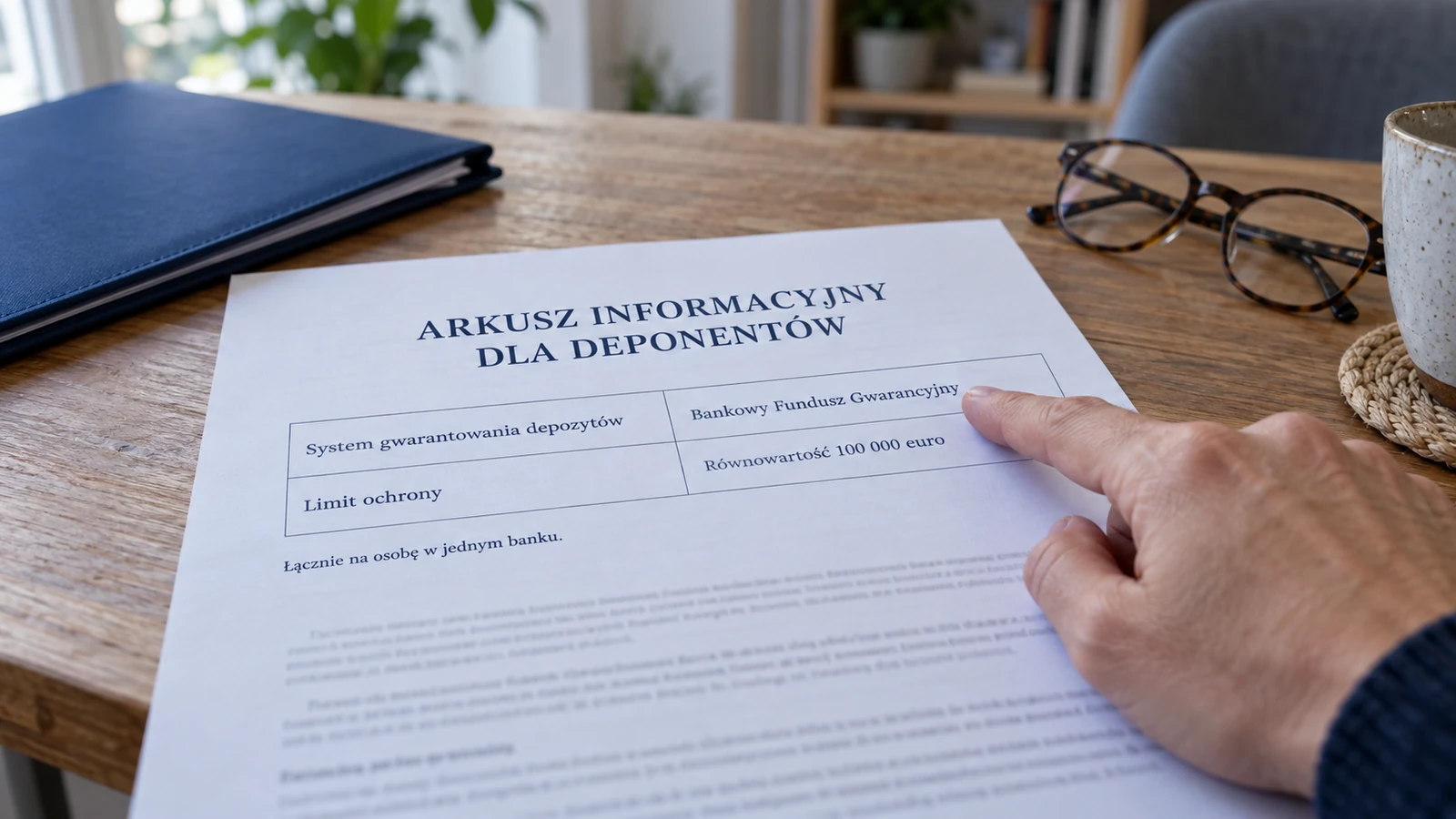 Prawa dłoń wskazuje na przykładowym arkuszu informacyjnym dla deponentów Bankowy Fundusz Gwarancyjny oraz limit równowartości 100 000 euro łącznie na osobę w jednym banku.